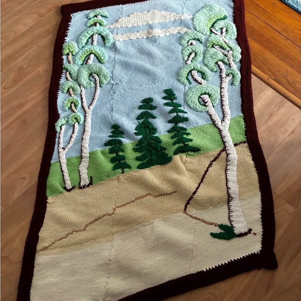Handmade Crocheted Forest Scene Blanket Afghan 52x35 inches